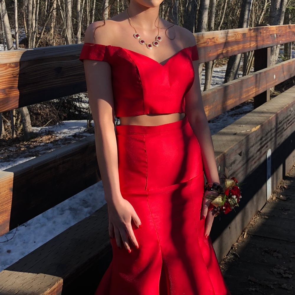 Red two piece prom dress